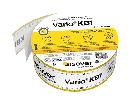 Isover Vario® KB1 je zvláště široká lepicí páska s extrémně vysokou lepicí silou. Vyvinutá speciálně pro bezpečné vzduchotěsné přelepení přesahů fólií.