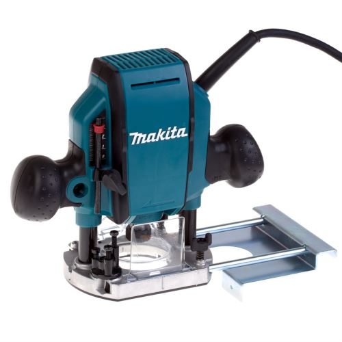 Makita RP0900 vrchní frézka s 8mm upínáním nástroje, robustním hliníkovým tělem a pogumovanými rukojetěmi.