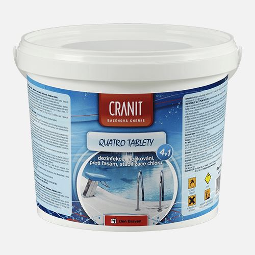 Cranit Quatro tablety Den Braven - dezinfekce, proti řasám, vločkování, stabilizace, kbelík, 2,4 kg