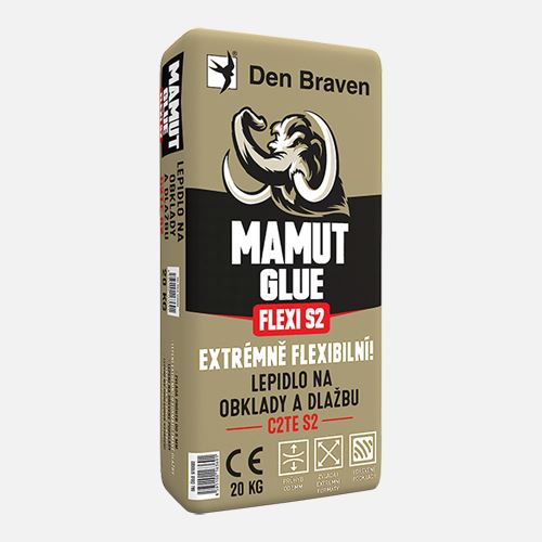 Den Braven Mamut Glue Flexi S2, flexibilní lepidlo na obklady a dlažbu, odolné vůči vodě a mrazu, vhodné pro interiérové i exteriérové použití.